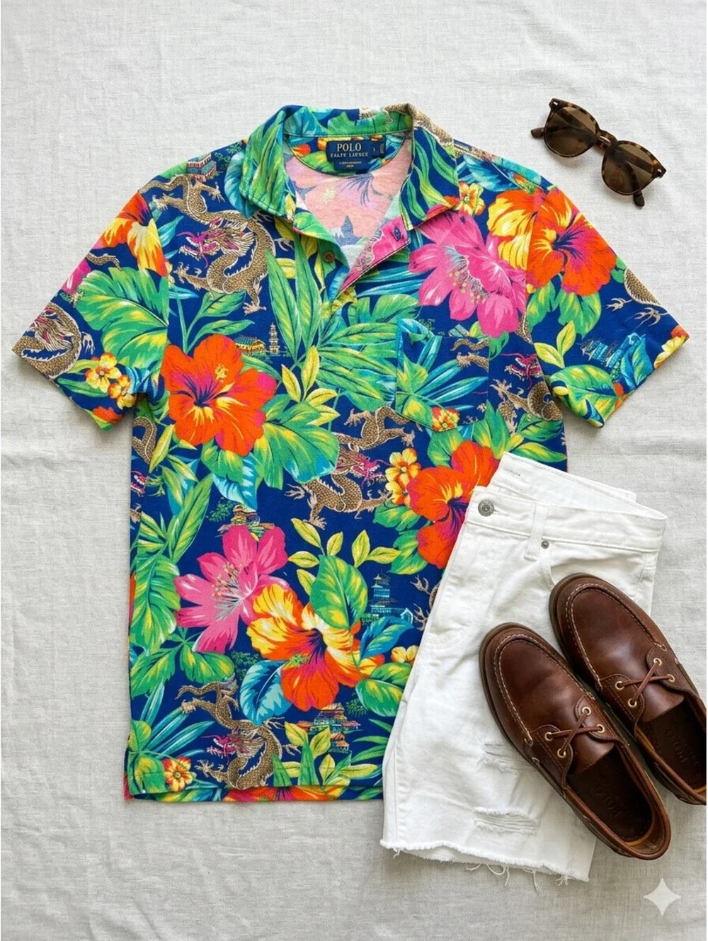 Polo Ralph Lauren Dragon Hibiscus Polo Shirt Large Featherweight Mesh Tropical
